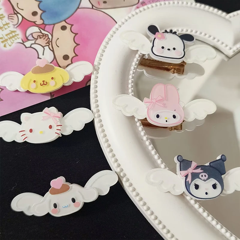 Kawaii Engel Sanrio Cartoon Haars pange niedlichen Acryl Hallo Kitty Kuromi Cinna moroll Pochacco Anime Mädchen Haarschmuck Haars pange