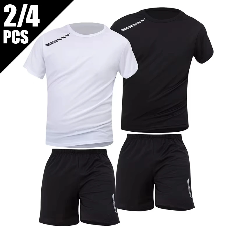 

2026 Summer Men 2 Piece Set Quick Dry Breathable Casual Sports Short Sleeve T-Shirt Plus Size Joker Black White Shorts Outfit