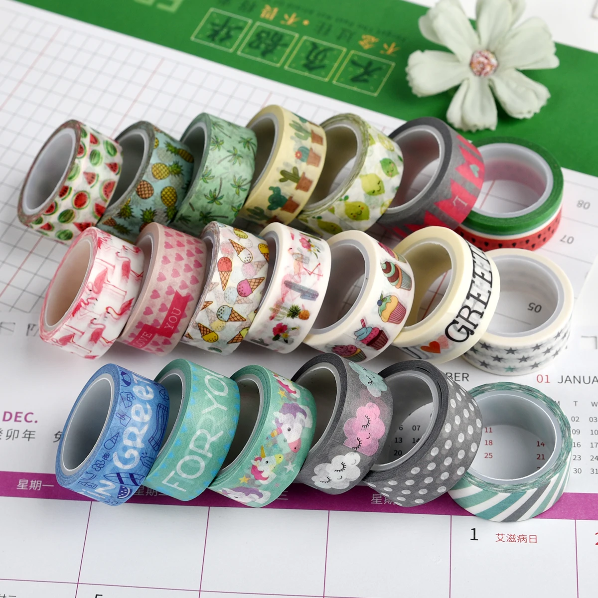 Kawaii Washi Tapes, Cute Cartoon DIY Masking Tape, Grid Sticky Note Paper for Scrapbooking & Journaling