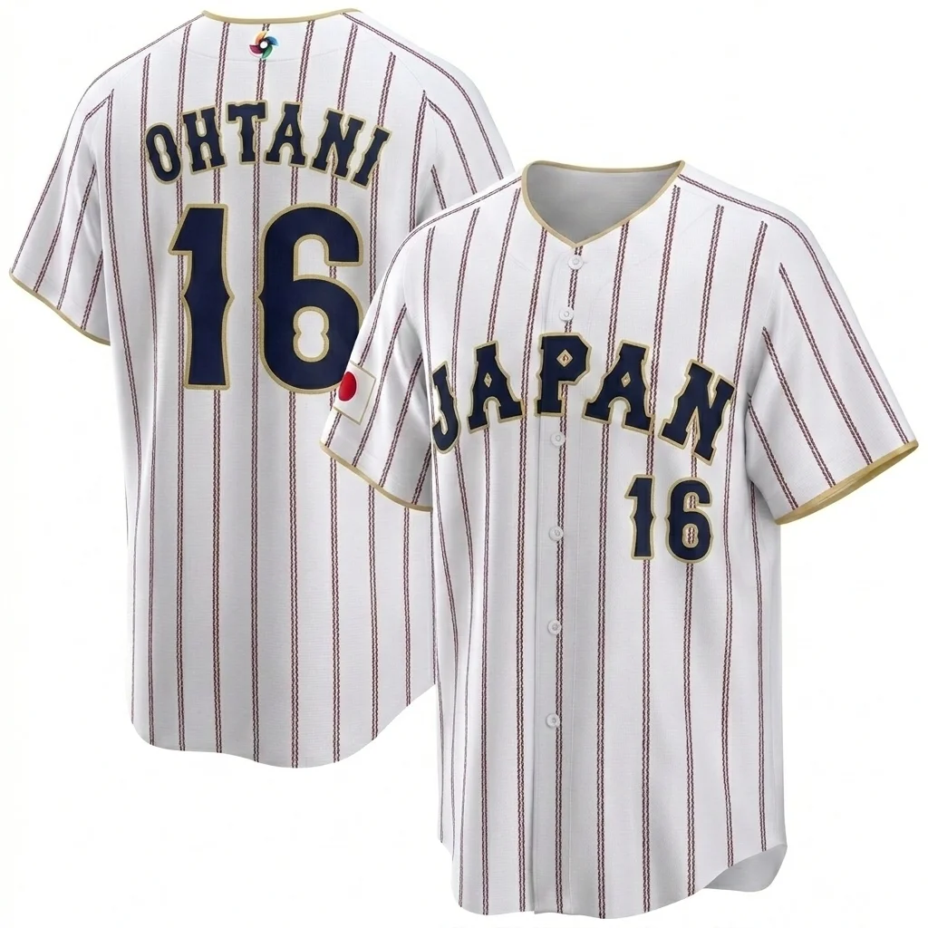 Camisa de Beisebol 3D Impressa Japão 2026 - Shohei Ohtani # 16 # Camisa esportiva masculina e infantil 18 WBC Samurai Japan White Pinstripe personalizada