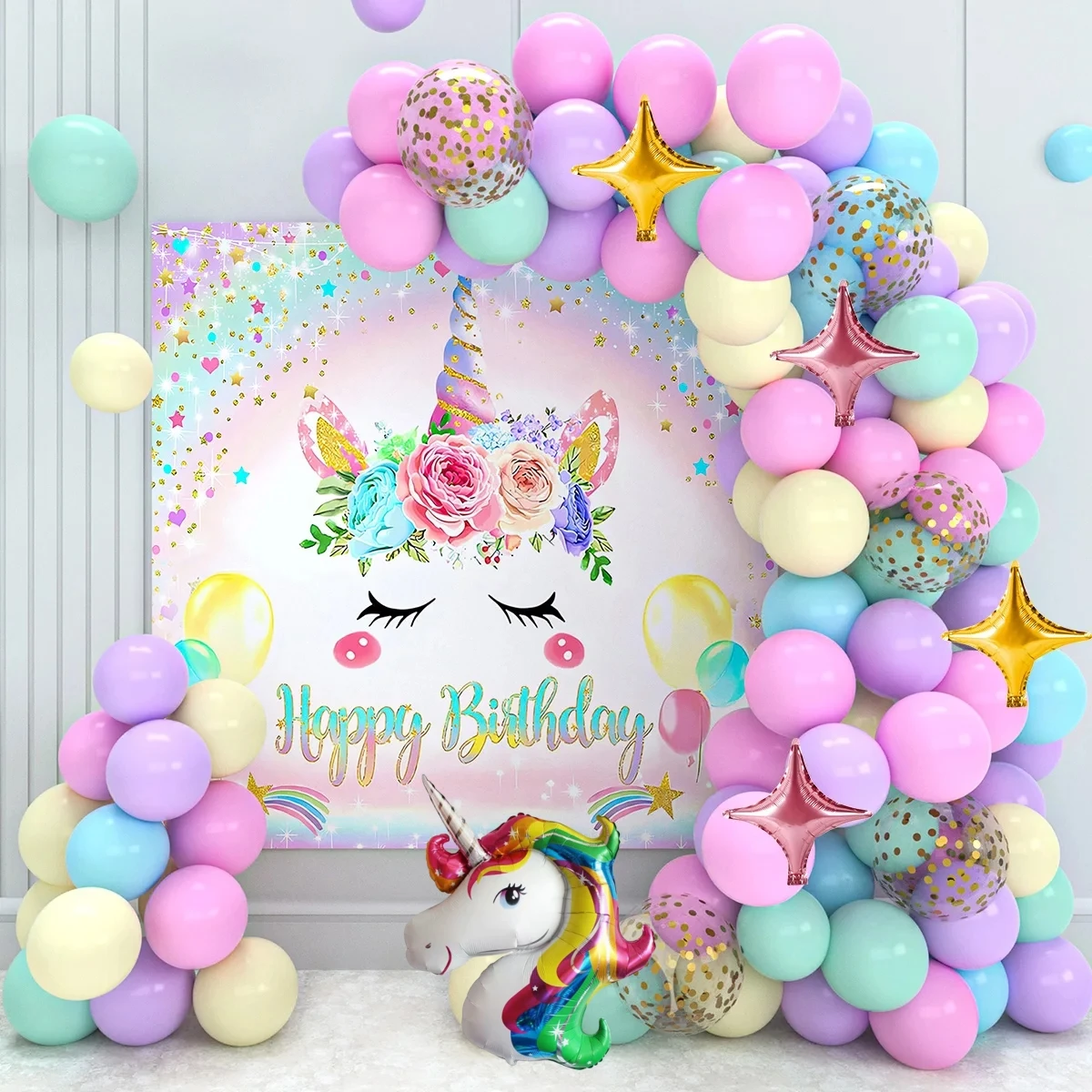 97Pcs A set of unicorn themed balloon wreath and arch set, wedding, birthday party decoration, single party decoration