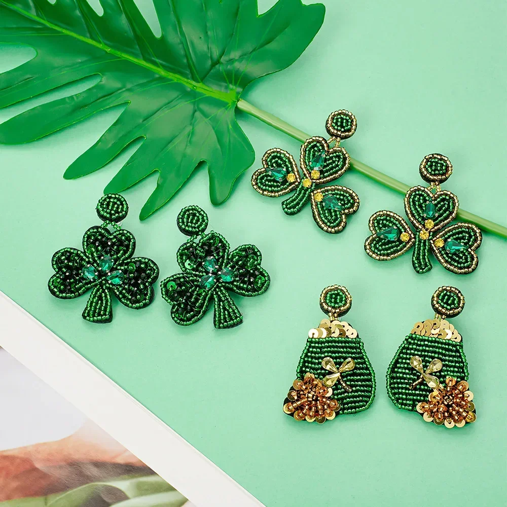 

Handmade Beaded Earring Fabric art Leaf Originality Bohemia Design Hand knitting Sequin Fashion Beaded earrings