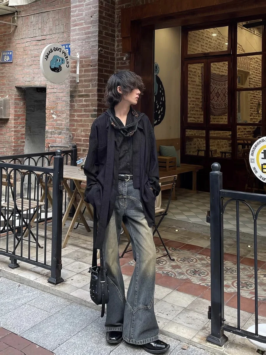 Retro American Classic Waed out Jeans Men Women Micro Flared Long Trousers Splicing Design Nostaic Vintage Sle Jeans