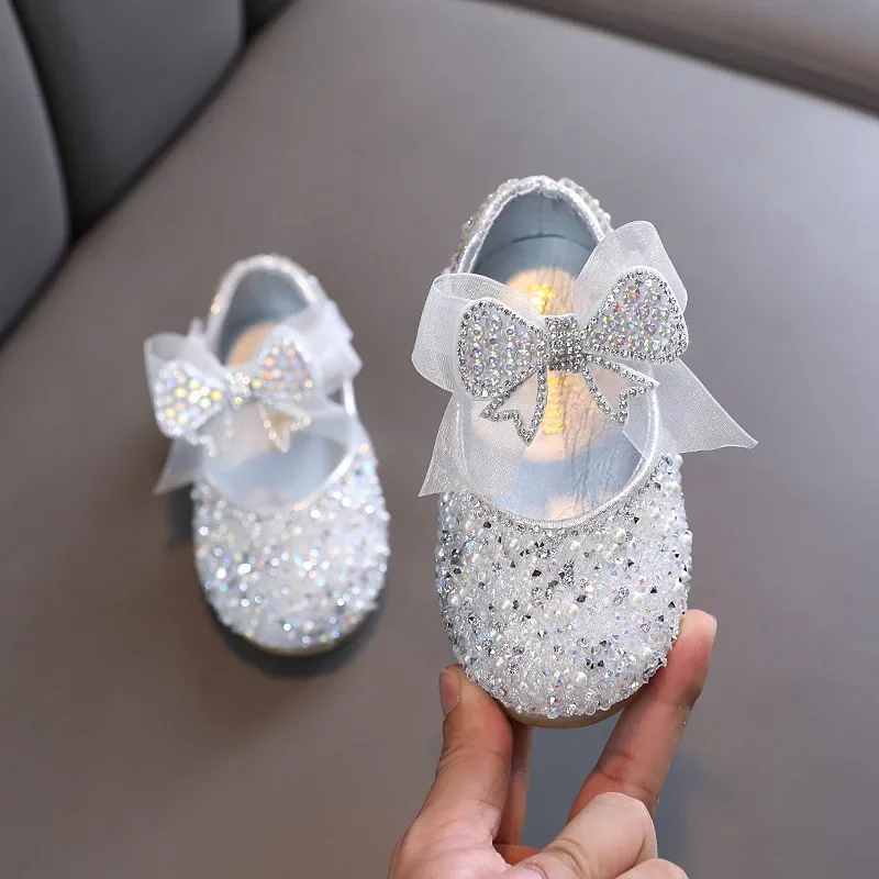 Novo crianças sapatos de couro lantejoulas meninas princesa strass bowknot único sapatos moda bebê crianças sapatos de casamento