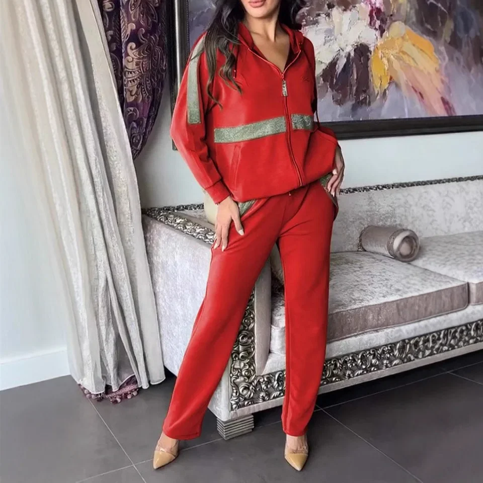 

Spring New Splicing Contrasting Color 2 Piece Casual Sports Suit Elegant Long Sleeved Hooded Zipper Sweatshirt Coat Trousers Set
