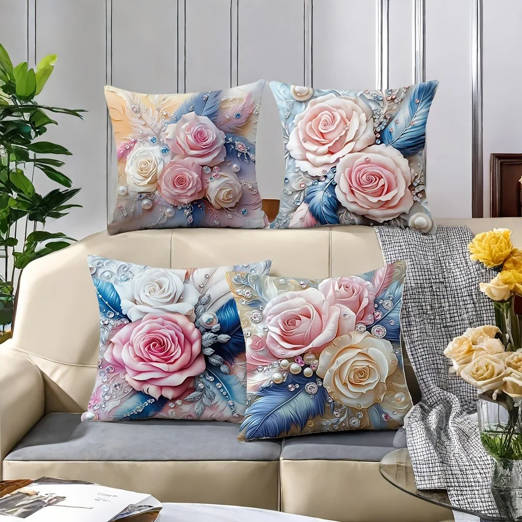 

Blue and Gold Floral Pearl - embellished PillowcaseBedroom Living Room Sofa Home Decor Polyester Cushion Cover with Zipper