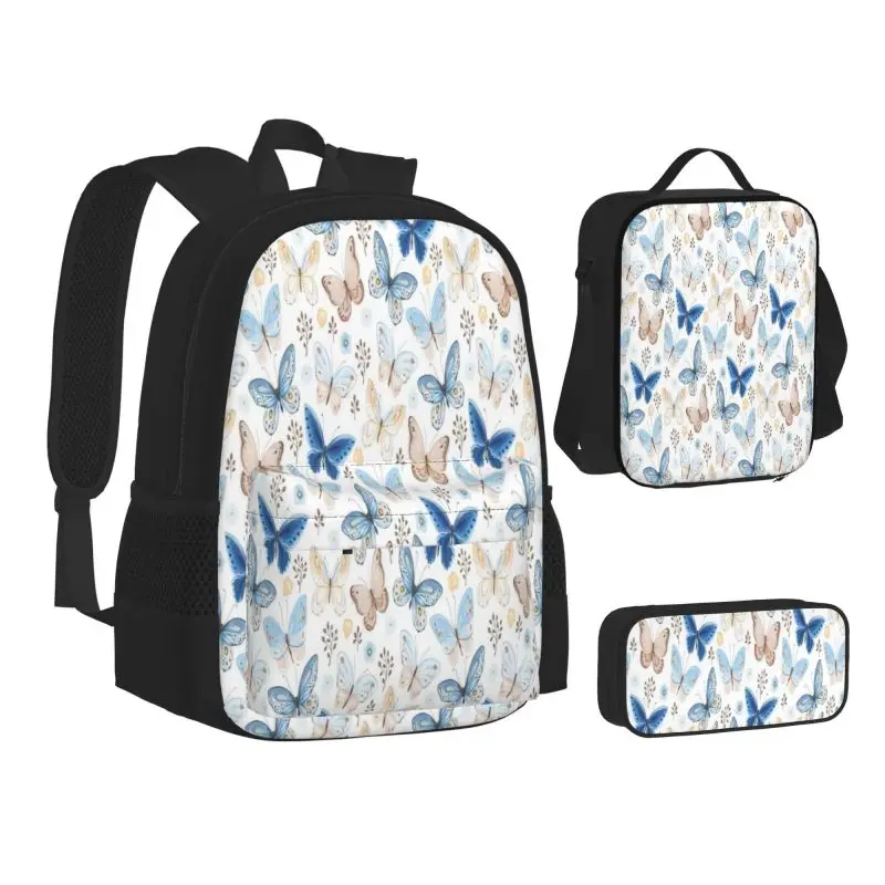 

3Pcs Butterfly flowers Student Schoolbag Backpack Teenager Bookbag with Lunch Bag print set school bag shoulder bag pencil case