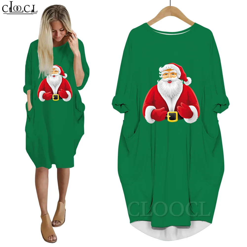 CLOOCL Christmas Dress Lovely Cartoon Santa Claus Graphics 3D Printed Funny Long Sleeve Pullover Xmas Green Dresses