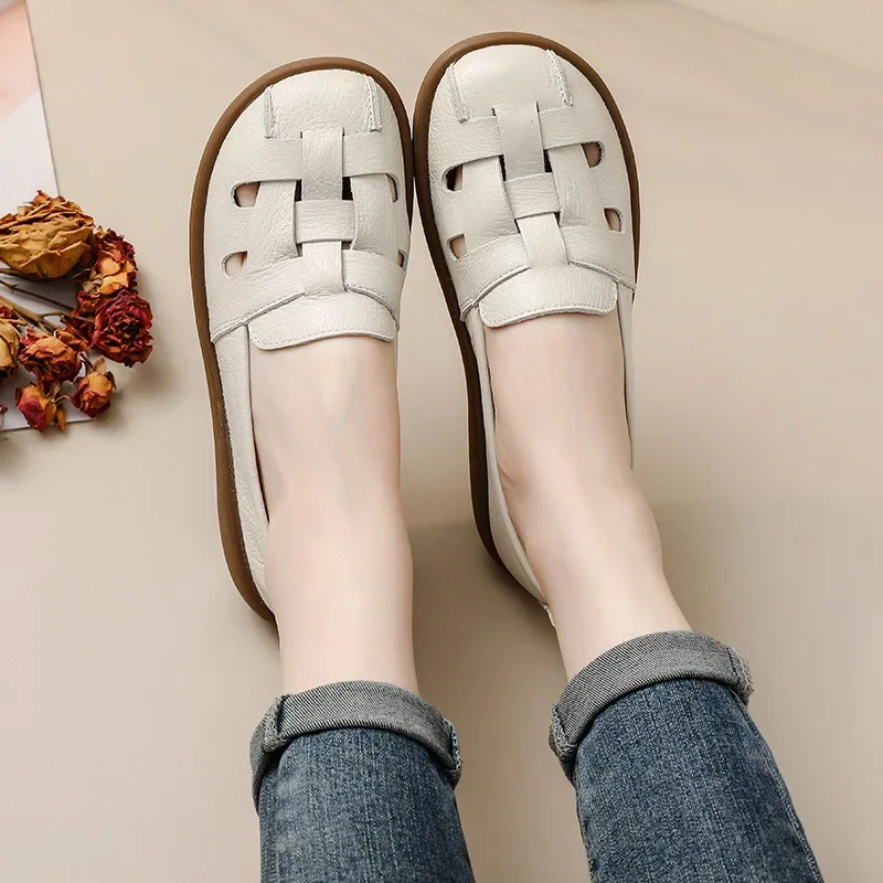 

Женская обувь в стиле ретро с верхним слоем из воловьей кожи, тканая кожаная обувь, женские сандалии на плоской подошве, летняя дышащая обувь для мам, удобная мягкая подошва