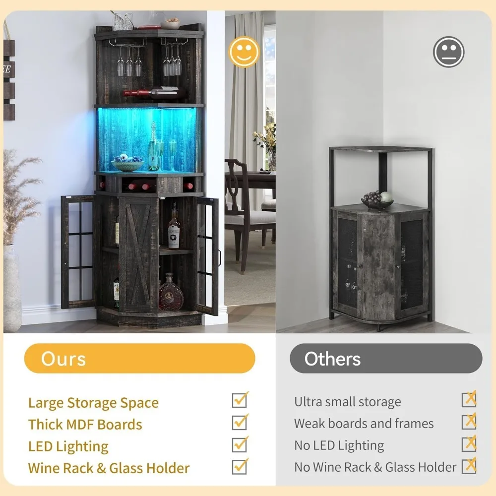 DWVO-Armário de canto com porta de vidro e luzes LED, 72 "Tall Farmhouse Liquor Cabinet, vidro e vinho titular, 6 níveis