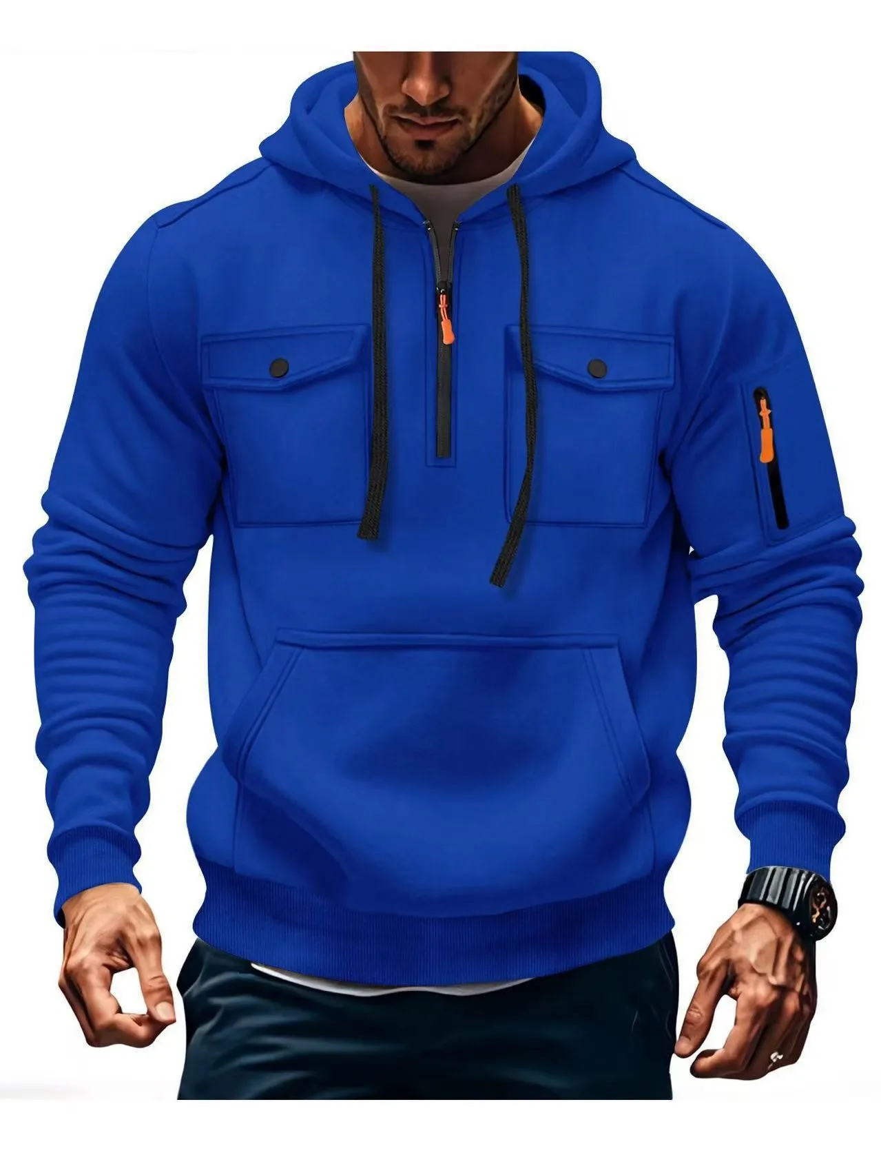 Winter Warm Fleece Lined Men's Hooded Sweatshirt with Zipper Pockets Long Sleeve Sportswear