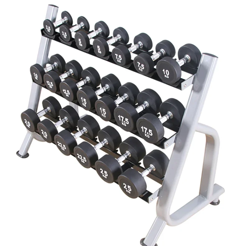 

Hot selling rubber coated dumbbell set with rack
