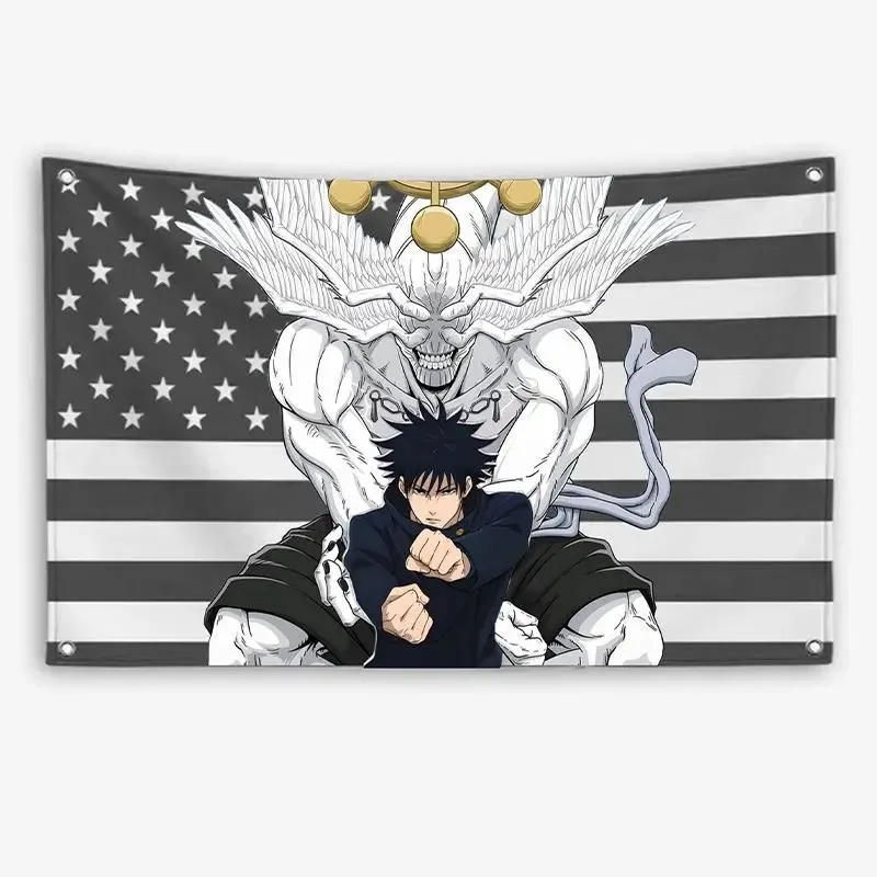 VIKAMA Japanischer Anime-Wandteppich, Sato Gojo Toji, amerikanische Flagge, Wandbehang, Schlafzimmer, Wohnzimmer, Schlafsaal, Dekoration – Detail 3