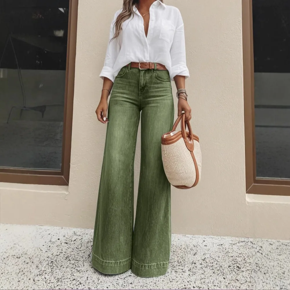 Women Vintage Wash Wide Leg Jeans High Waisted Loose Fit Leg Elongating Breathable Soft Flattering Daily Streetwear Comfy