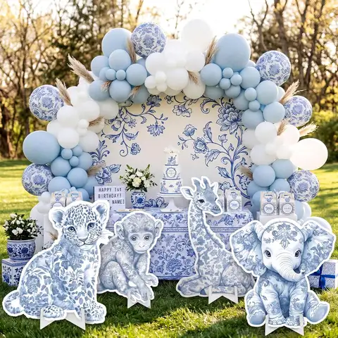 Blue Toile Floral Jungle Animal KT Board Cutouts Baby Shower Birthday Party Stand Up Photo Props Cardboard Backdrop Decor