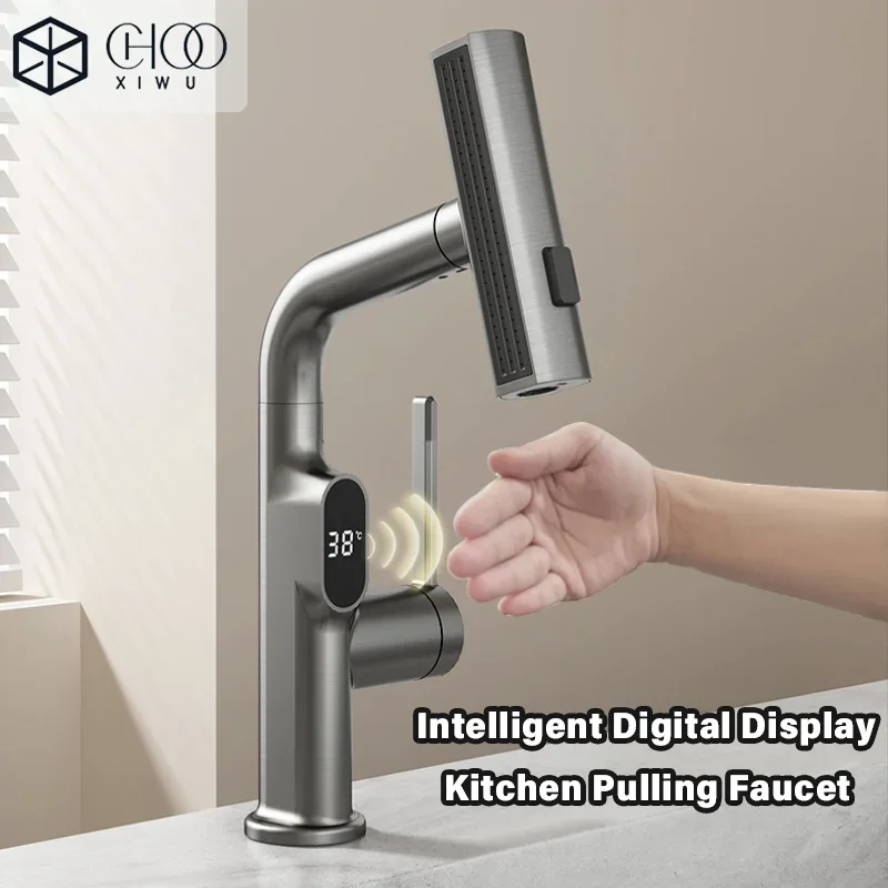 

CHOOXIWU - Умный многофункциональный смеситель для раковины с LED-дисплеем, 3 режима, выдвижной излив для ванной и кухонной мойки