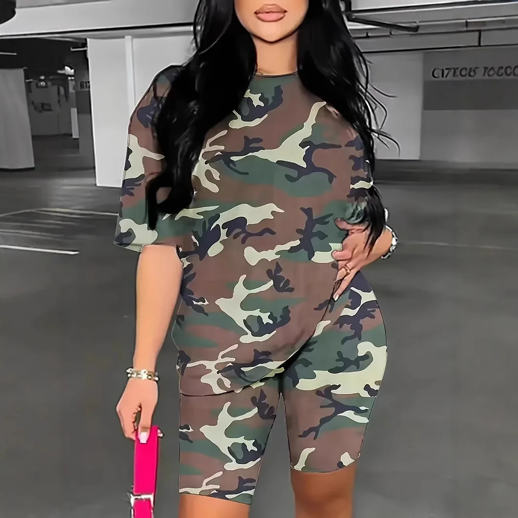 Women's European and American foreign trade women's clothing camouflage short-sleeved casual suit