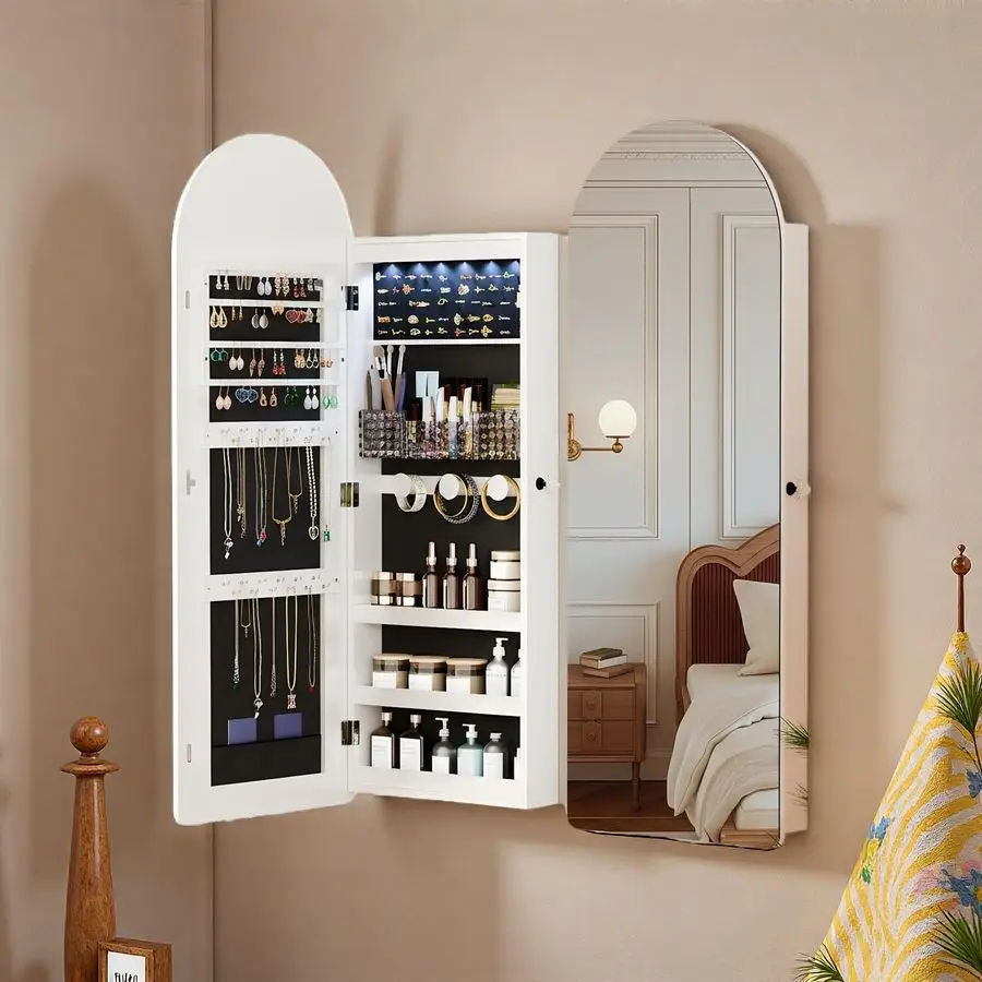 Trygoal LED Lockable Mirror Jewelry Cabinet, Wall Door Mounted Jewelry Armoire with Storage Shelves, Full Length Mirror Jewelry