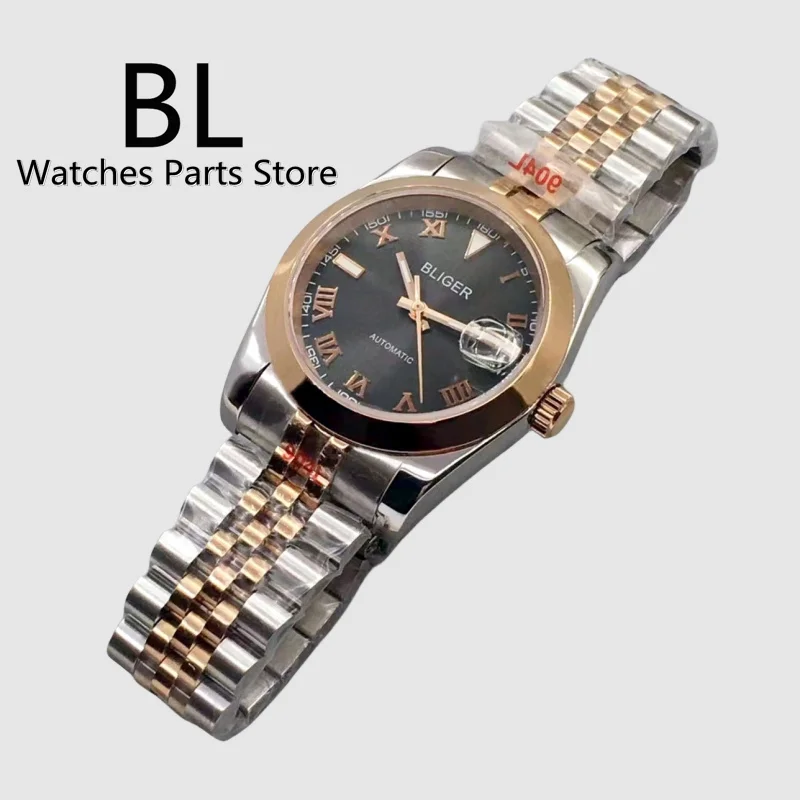 BLIGER Watch For Men NH35 36mm/39mm Two Tone Rose Gold Case Polished Bezel Sapphire Glass Gray Dial Rose Roman Index Waterproof