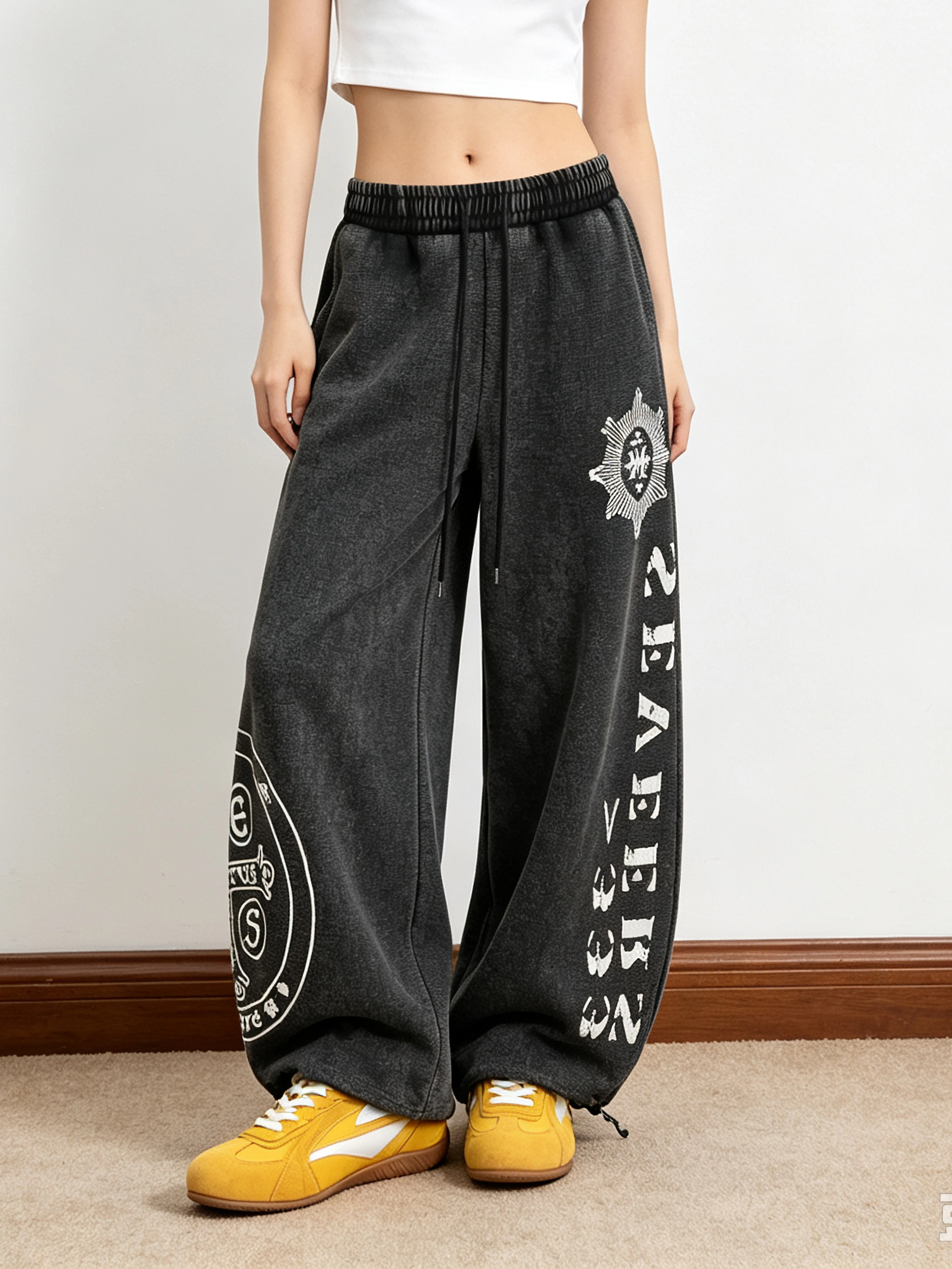 American Street Style Printed Wide Leg Casual Pants Women's Texture Sensation Cuffed Neutral Loose Fit Comfortable Trousers