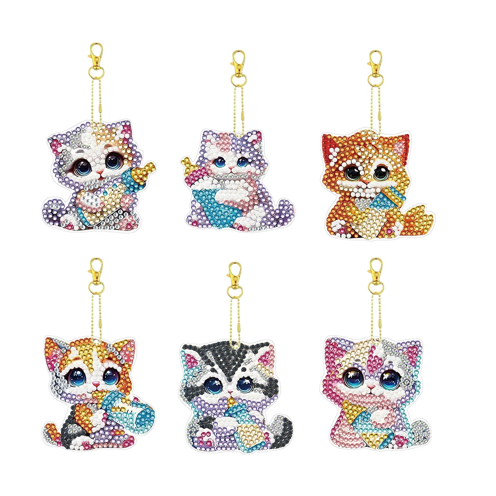 

A Set of 6 Pieces of 5D Diamond Painting Keychains, Double-sided DIY, with Crystal Bright Rhinestones, Cat Decorations