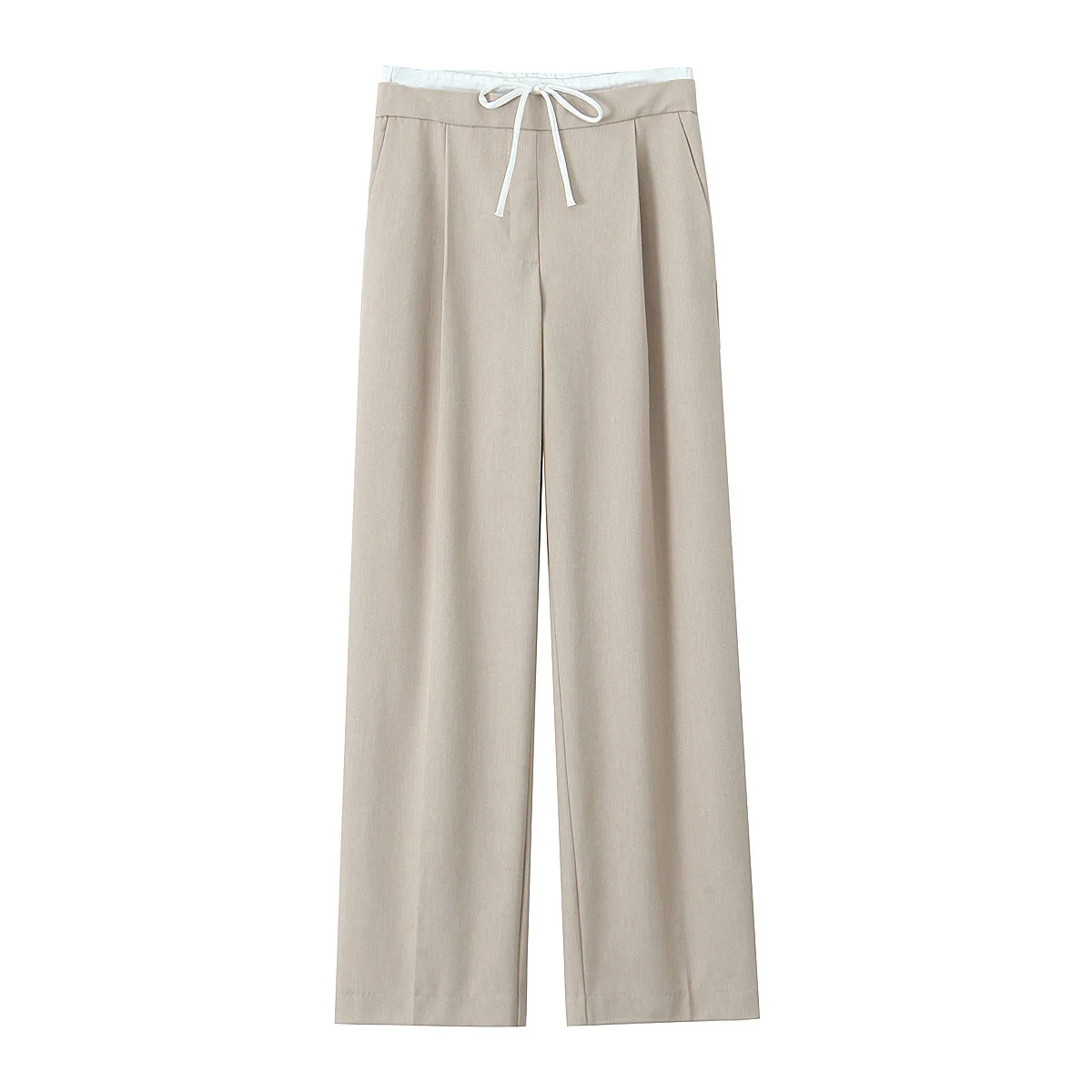 Splicing Design Solid Color Pants Women Fashion Simple Elastic Waist Lace Up Trousers Lady All-match Commuting Straight Pant New