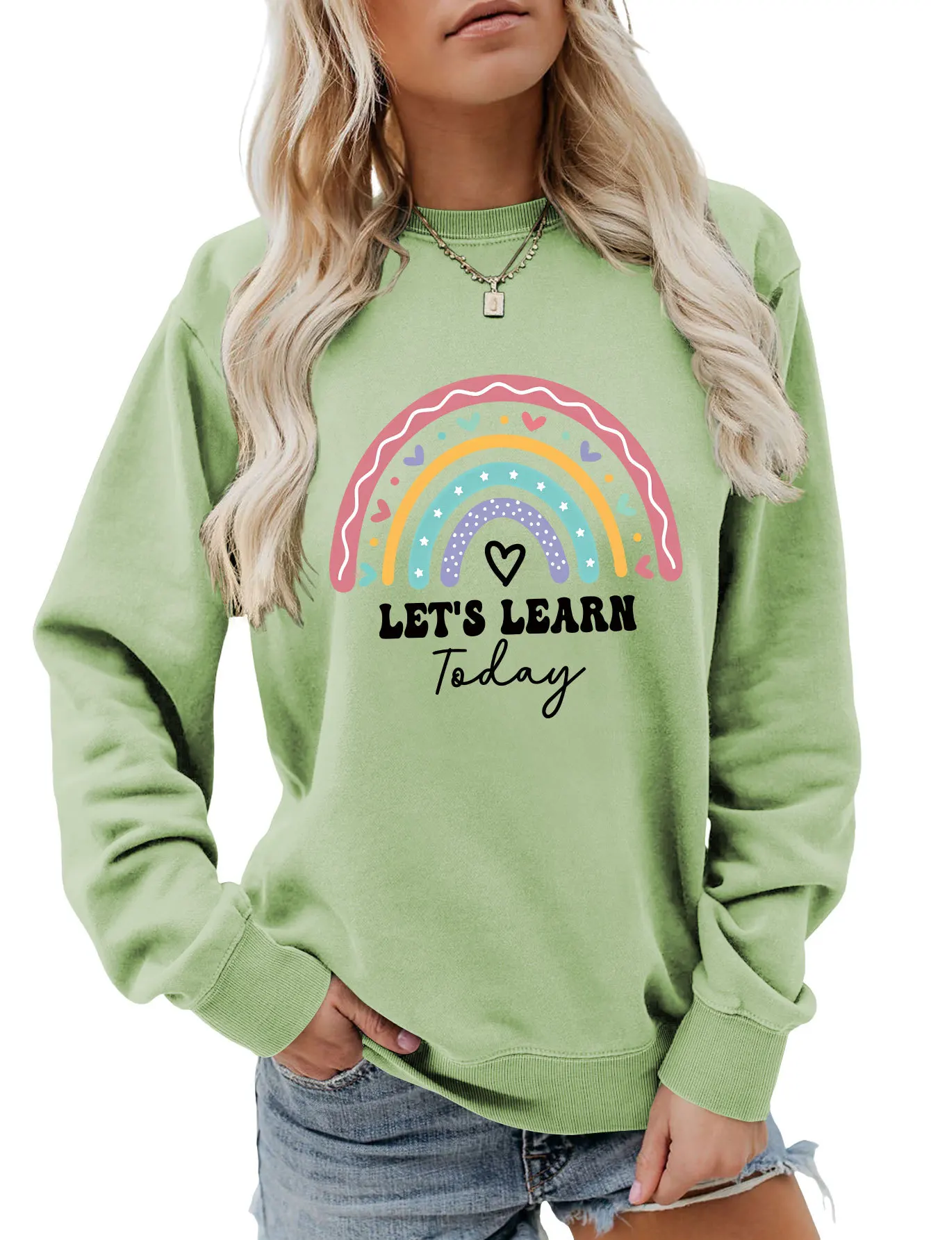Autumn new crew-neck casual T-shirt hoodie rainbow let's learn today printed ladies loose long-sleeved top with all fashion pull
