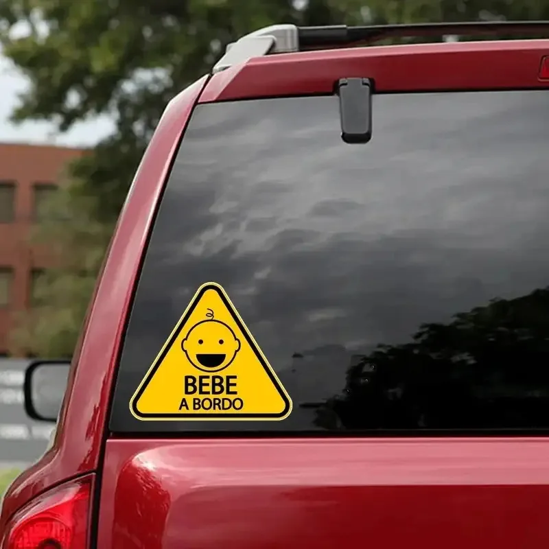 1Pc Triangle Yellow Black “BEBE A BORDO” Vinyl Sticker,Waterproof UV Resistant Baby On Board Warning Decal for Car Window Bumper