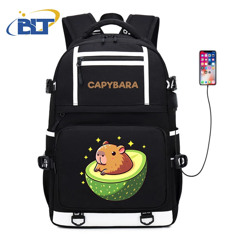 Cute Animal Capybara Printed Student Schoolbag Youth Large Capacity Backpack Black Travel Bag Kids Gift