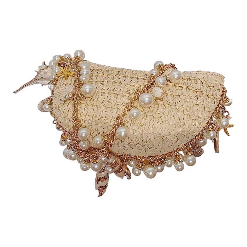

Women Elegant Straw Shoulder Bag Breathable Trendy Beaded Shoulder Bag Handwoven Shiny Pearl Clutch Bag Seaside Soft Clutch