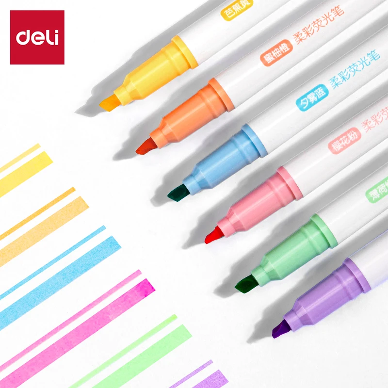 

Deli 6-Pack Dual-Tip Highlighters, Chisel & Fine Point for Thick/Thin Lines, Soft Ax-Style Head, Perfect for Students, Office