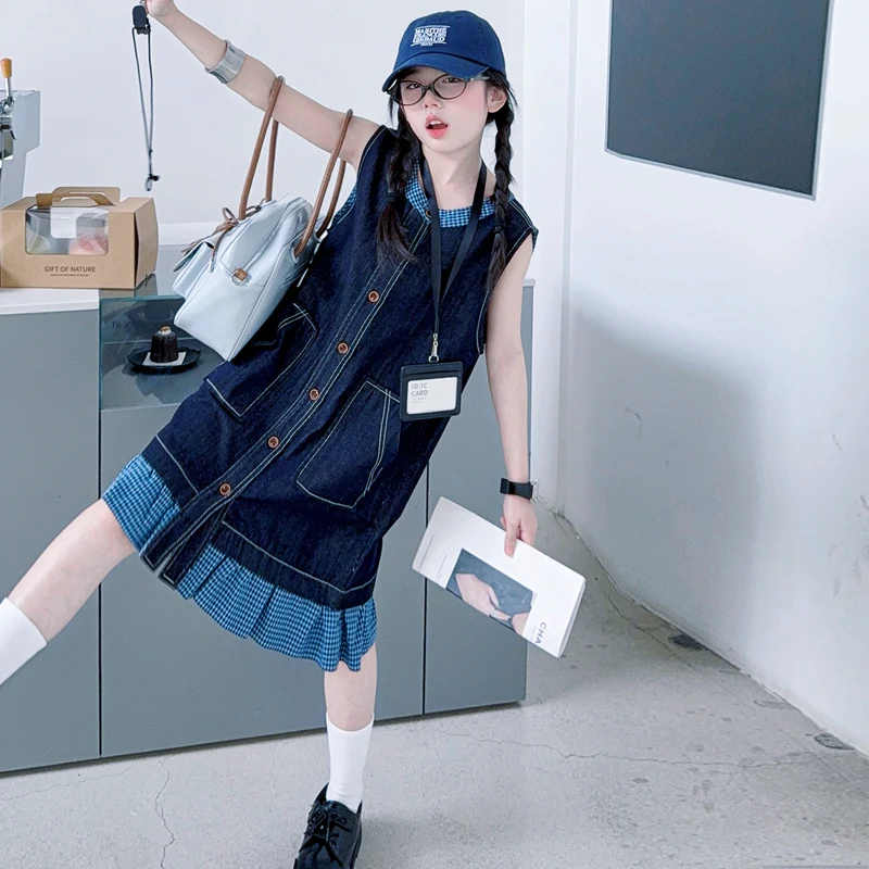 

French Vintage Style Child Sleeveless Layered Denim Dress for Teen Girls Retro Blue Denim Dresses Kids Fashion Summer Streetwear
