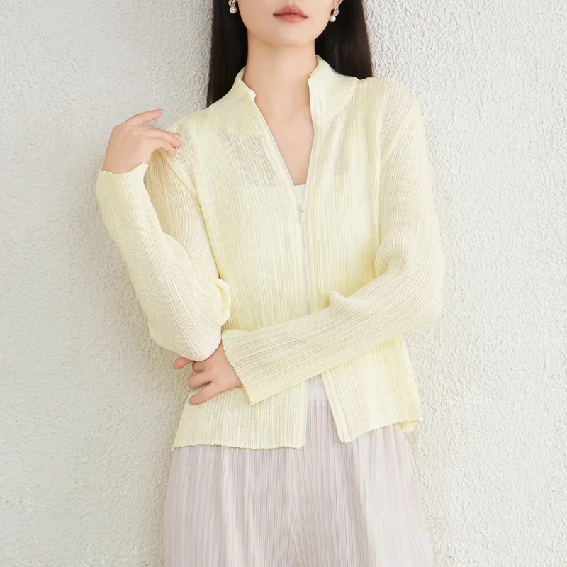 

Miyake женская осенняя однотонная плиссированная короткая куртка под давлением внутренняя верхняя одежда мягкая двойная молния тонкие женские топы