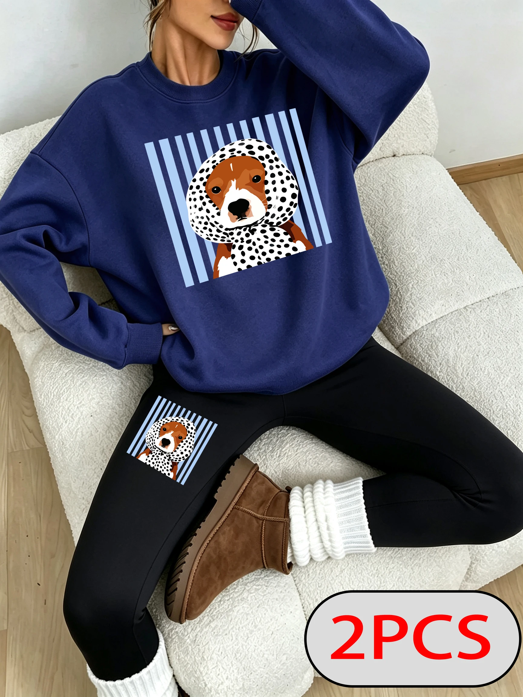 Blue Striped Headscarf Dog Print Sweatshirt Set Women'S Y2K O-Neck Pullover Autumn Korean Streetwear Thicken Fleece Leggings - view 3