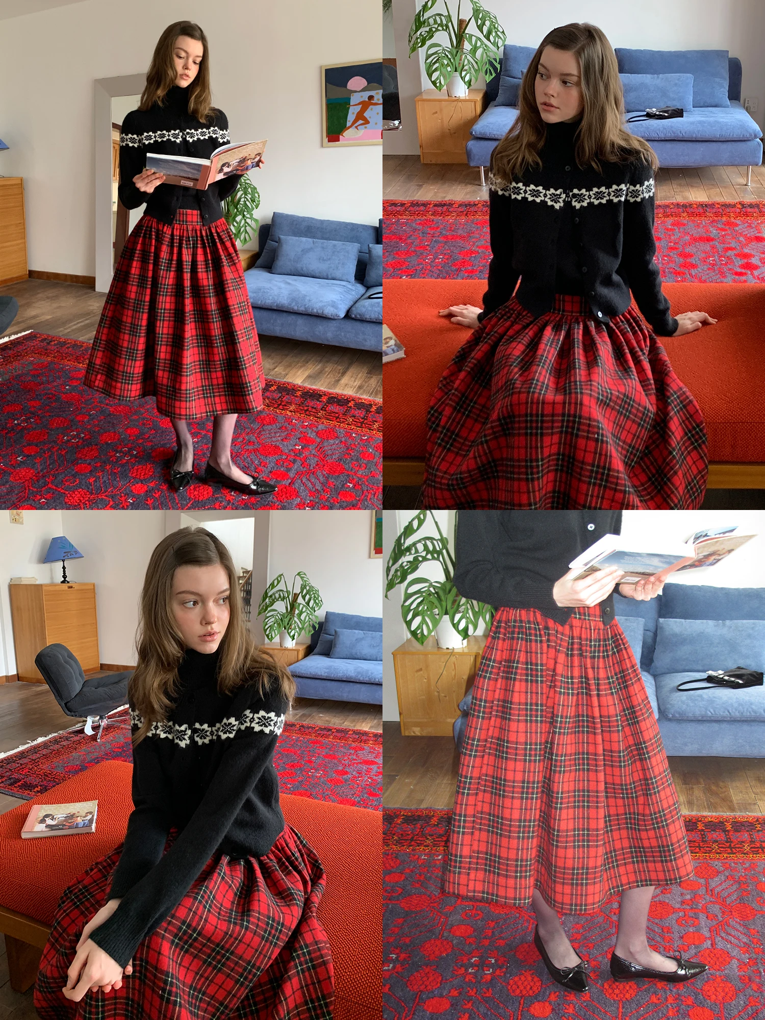 Eggka Retro Classic Plaid Color Block Woolen  Skirt High Waist A-Line Midi Skirt for Women Casual Wear Polyester 