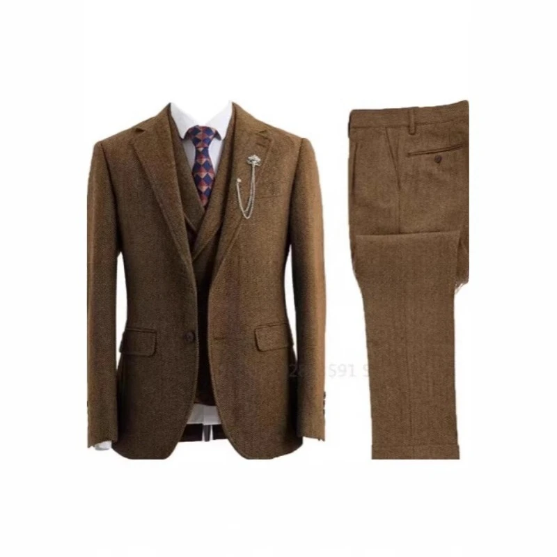 

Fashion Hight Quietly Men 3PCS Herringbone Tweed Suit Slim Fit Formal Tuxedo For Wedding Groom Groomsmen Banquet Party Outfits