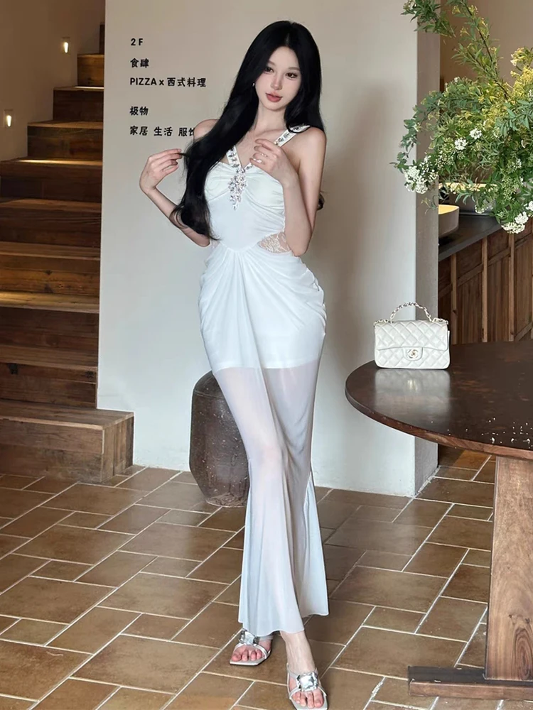 RORORIRI 쉬어 메쉬 스티치 레이스 다이아몬드 탱크 드레스 여성 오프 숄더 플리츠 슬림 Bodycon 인어 롱 드레스 섹시한 파티 의류