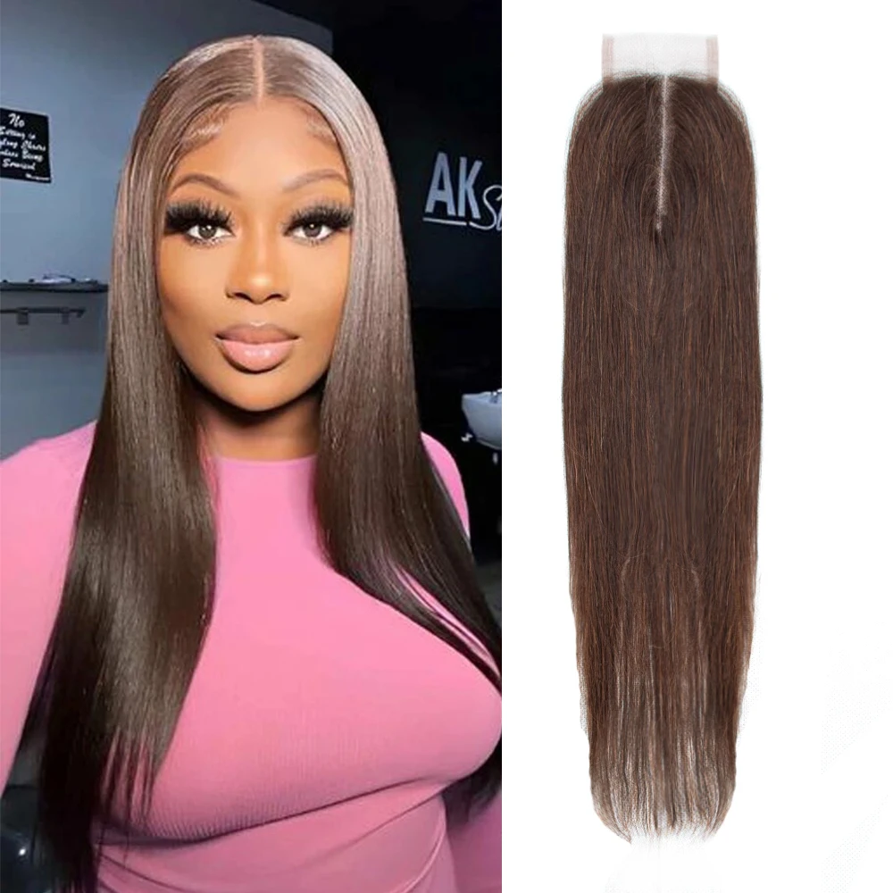 2x4 Lace Closure Straight Human Hair Lace Closure Bleached Knots 2#  4x2 Middle Part Human Hair Lace Closure