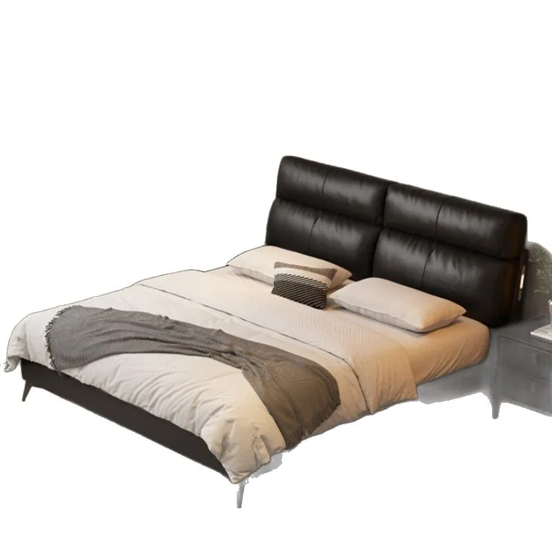 Italian minimalist leather soft bag bed, six-grid double bed, modern simple master bedroom small flat-edge leather bed