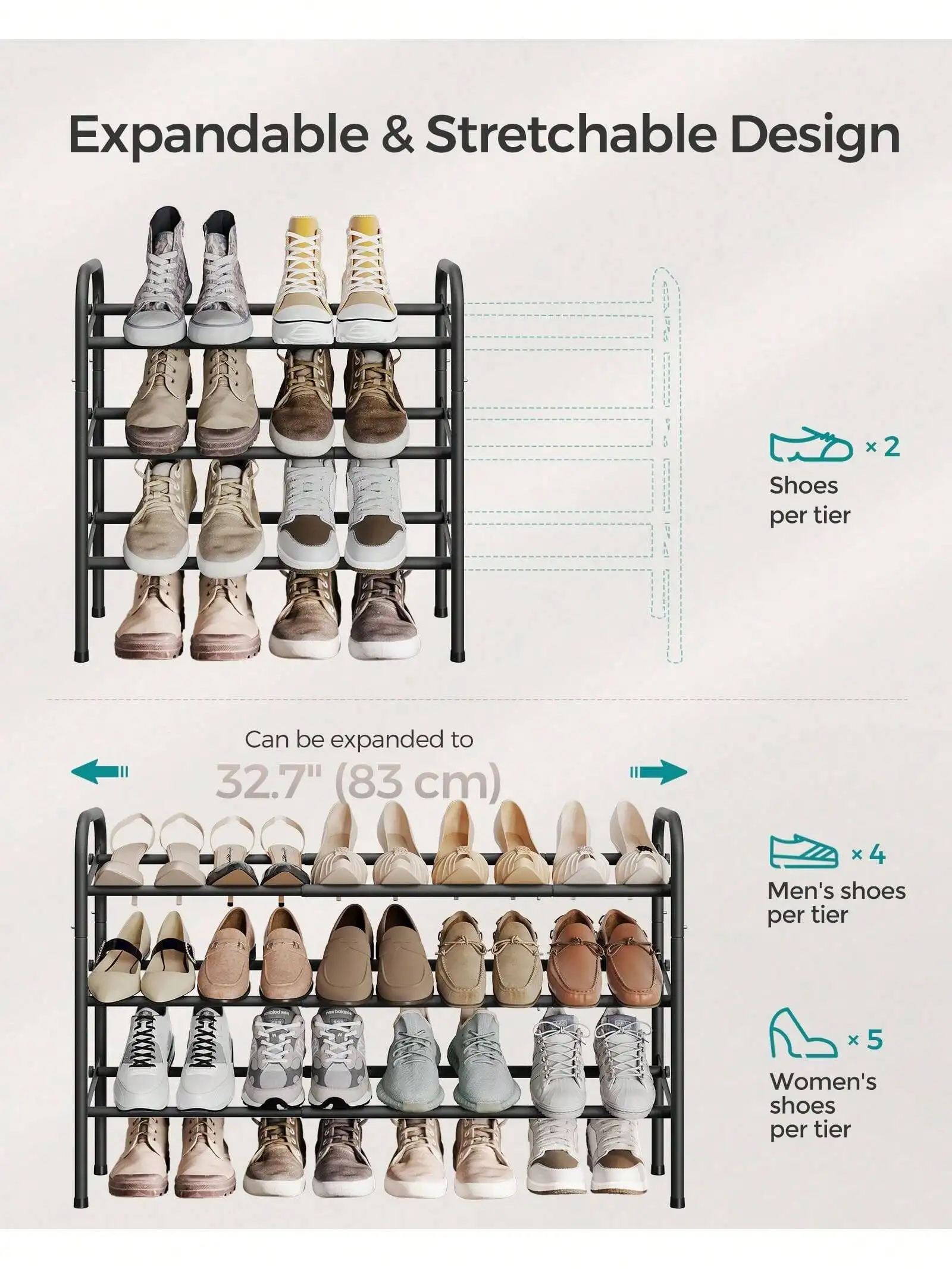 SONGMICS Expandable Shoe Rack, 3 Tier Shoe Rack Shelf, Adjustable Shoe Organizer Storage For 20 Pairs Of Shoes, Metal Free St