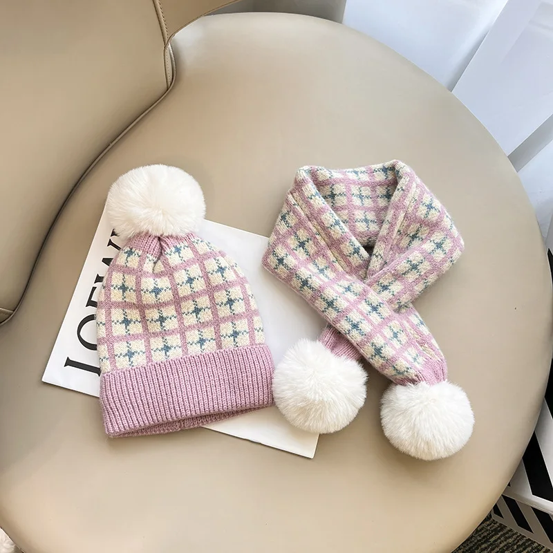 Winter Warm Plaid Pompom Baby Hat and Scarf Sets Kids Thick Soft Knitted Neckerchief Accessories Children Beanie Boys and Girls