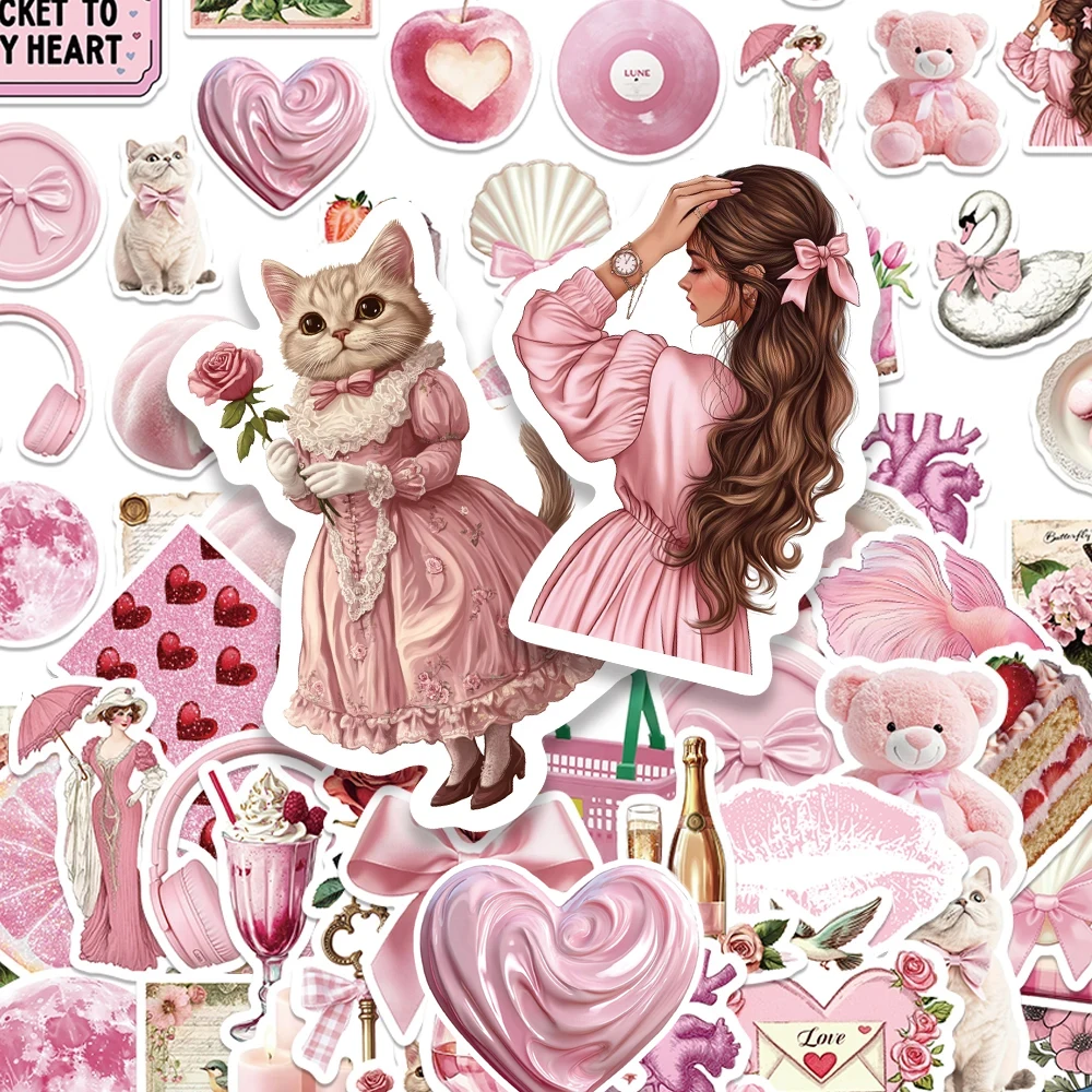 

10/30/50pcs Cartoon Retro Ins Style Pink Aesthetic Stickers Cute Girl Sticker Decoration Scrapbook Phone Guitar Luggage Decals