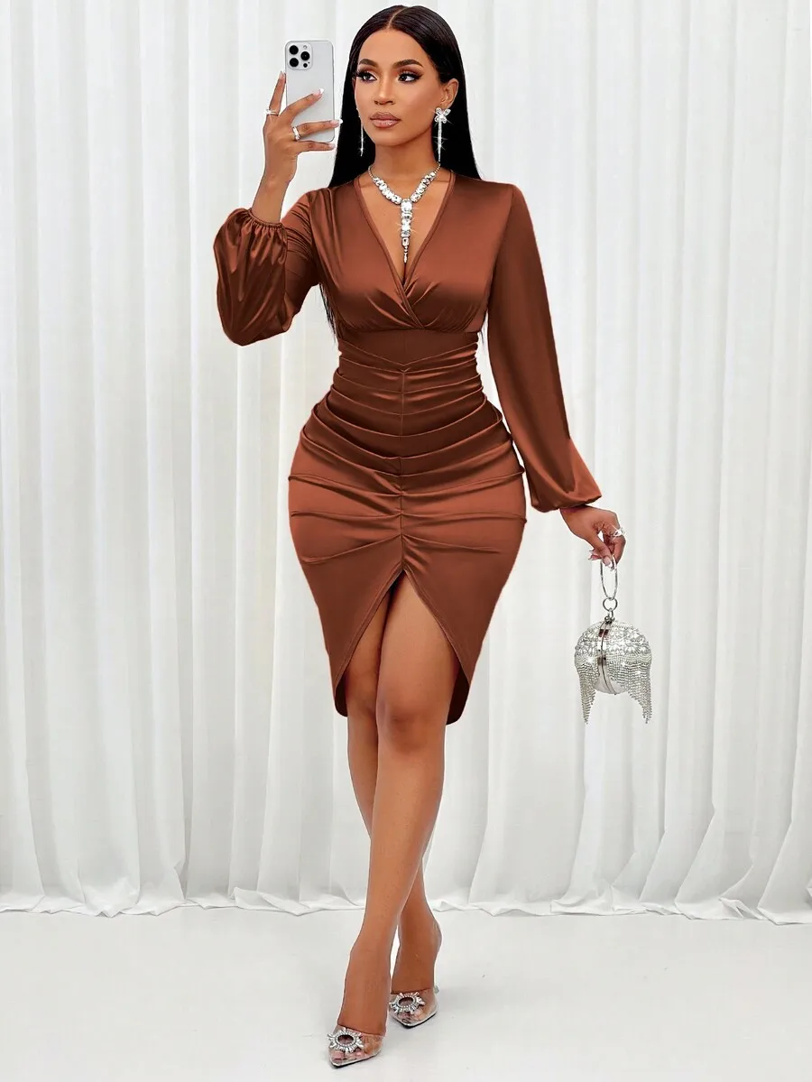 

Women's Satin V-Neck Ruched Midi Dress with Side Slit, Sexy Party Dress for Evening Out