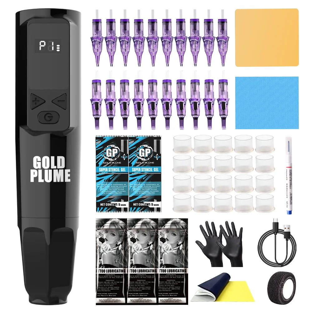 Wireless Rotary Tattoo Pen GOLD PLUME Kit, Digital Display Tattoo Machine, Tattoo Needles Practice Skin Supplies for Beginners