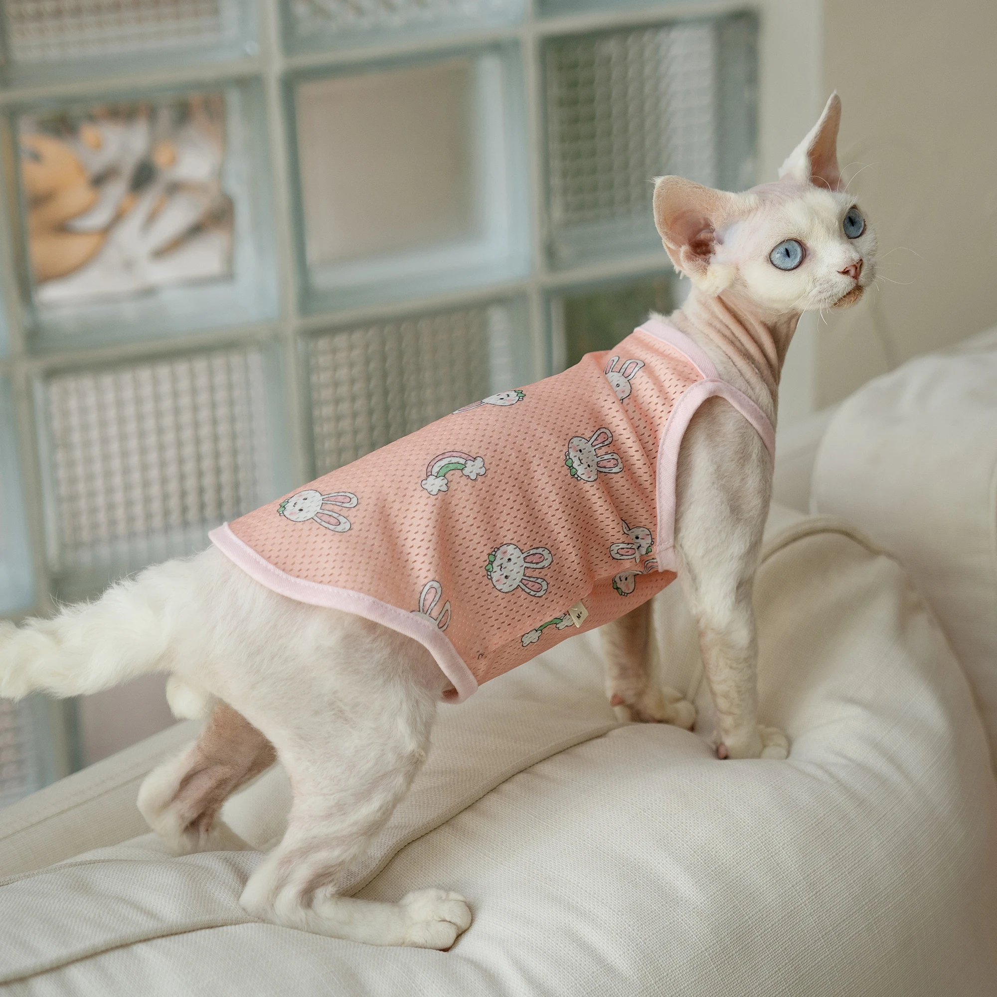 Sphynx Cat Clothes Summer Cooling T-shirt For Kittens Pink Rabbit breathable Vest For Hireless Cat Devon Rex Sun-protective Coat