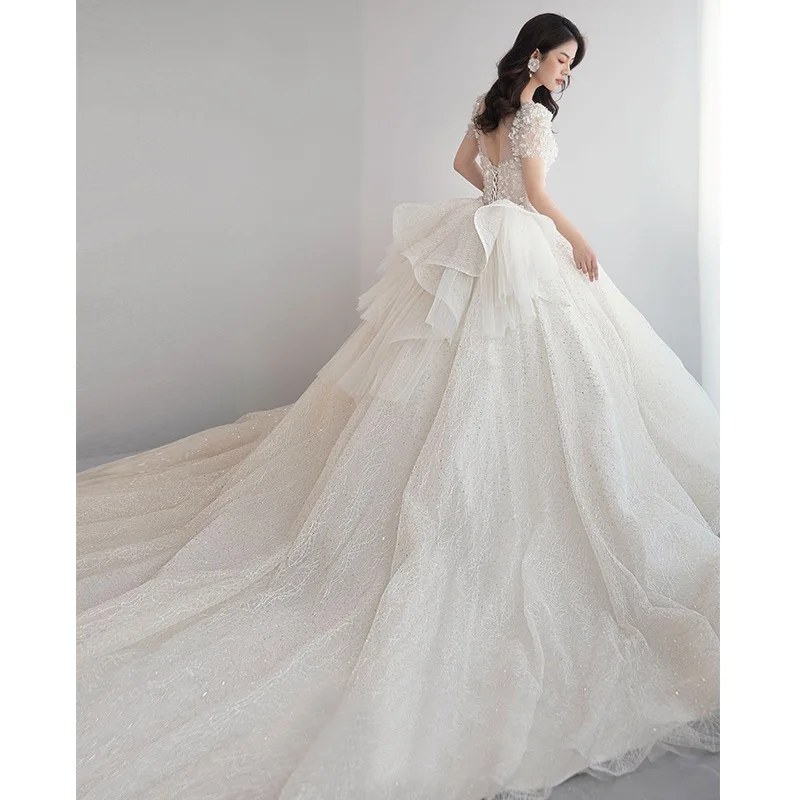 Robe de Mariée de Luxe à Manches Courtes et Col en V, Tenue de Bal à Perles et Traîne Personnalisée, Nouvelle Collection 2024