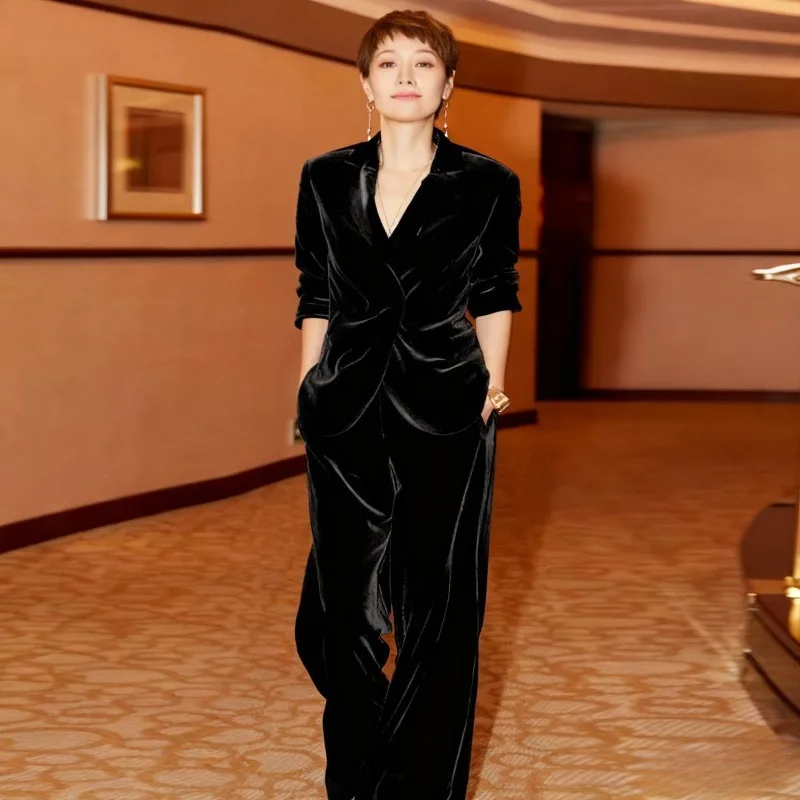 Costume en velours doré, nouvelle étoile spéciale, même haut de gamme, tempérament, mode de déplacement, célébrité, léger, luxe, ensemble deux pièces, beau