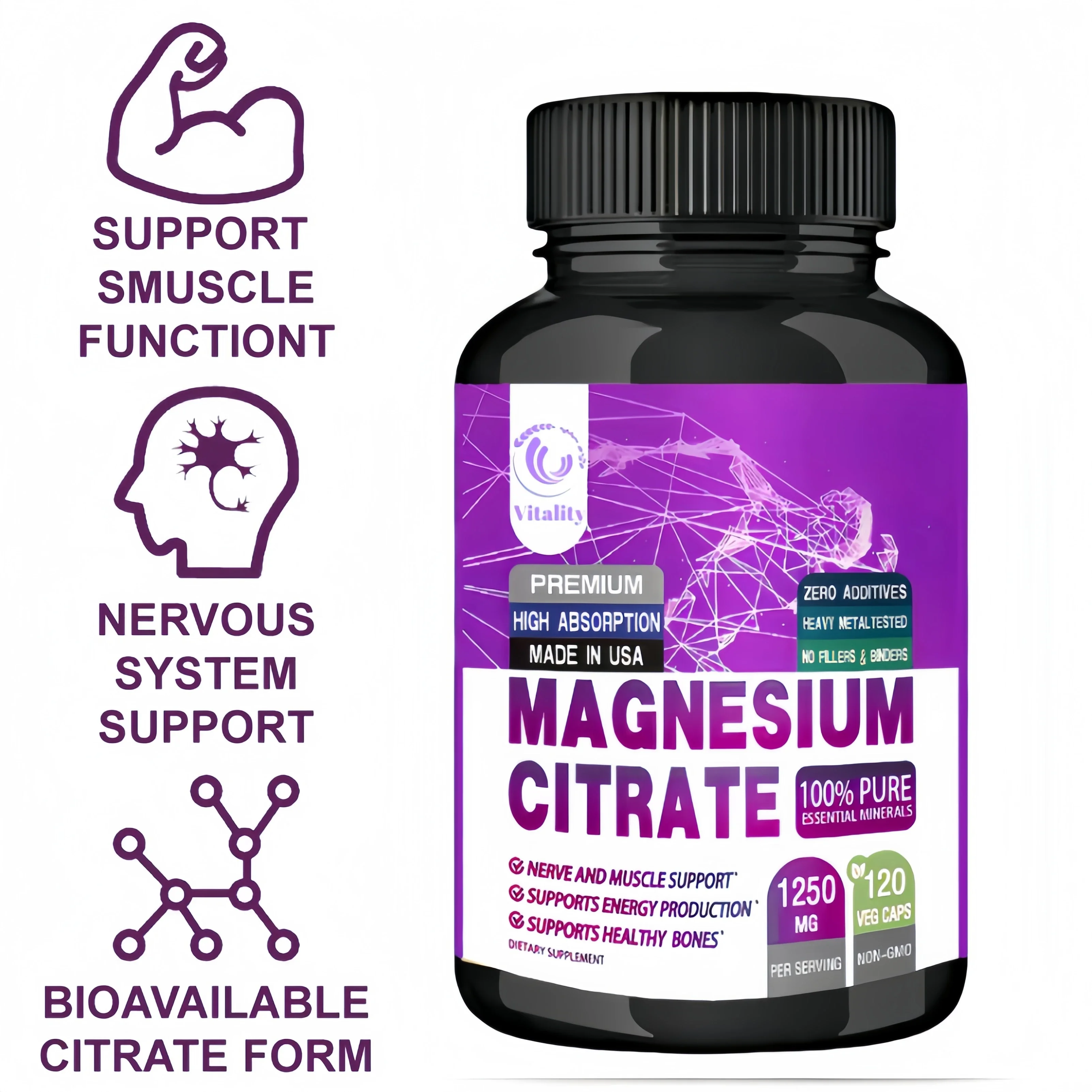 Magnesium Citrate 1250 Mg - Easily Absorbed, Purified Trace Mineral - Muscle, Nerve and Energy Support, Non-GMO