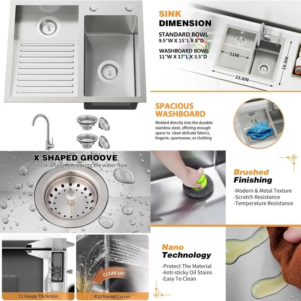 

Double Bowl Stainless Steel Laundry Sink with Washboard, 23.6 x 18.9 Topmount Drop-In, Includes Faucet and Drain, Durable and Fu