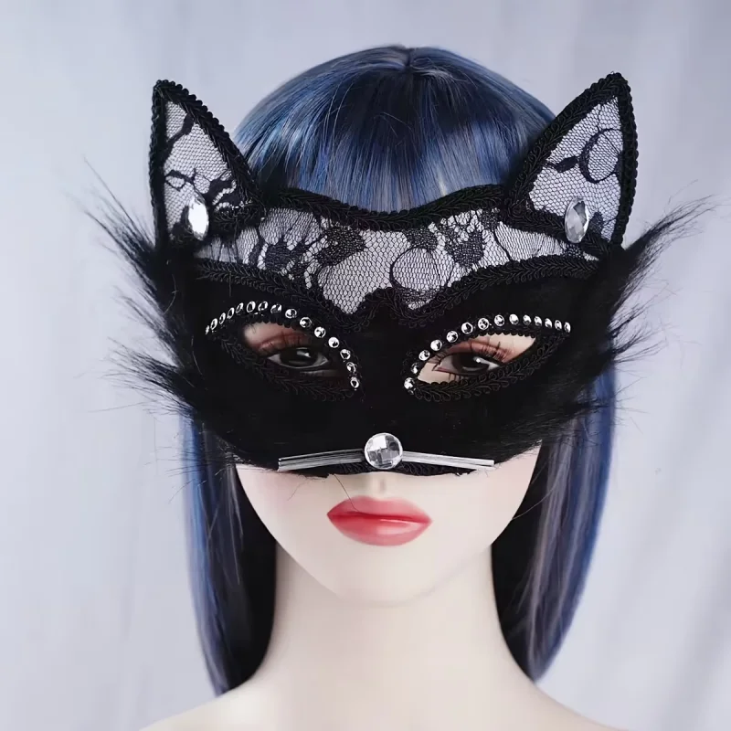 Sexy schwarze Spitze Katze Gesichtsmaske venezianische Maskerade Augenmaske Weihnachtsfeier Cosplay Frauen Mädchen Kopfschmuck Halloween Fancy Maske – Detail 8